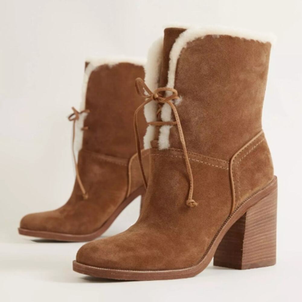 Ugg Australia Jerene Heeled Suede Leather Shearling Bootie in Chestnut, Size 8.5